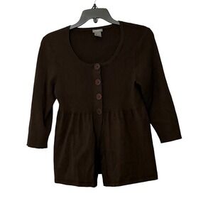 Ann Taylor Brown Button Front 3/4 Sleeve Babydoll Sweater Top - Large Petite